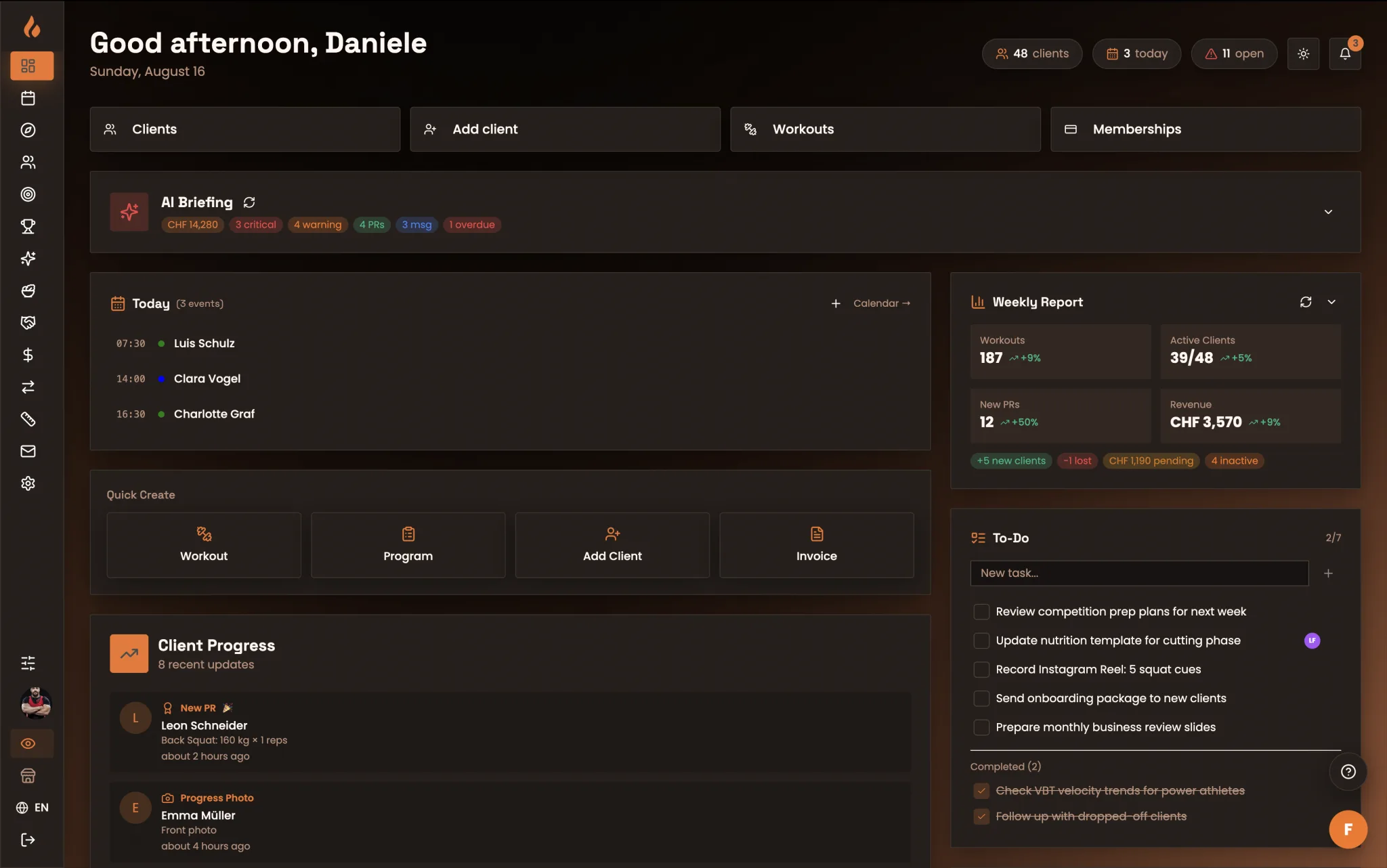 The Prometheus coach dashboard: today's sessions, client activity and outstanding check-ins