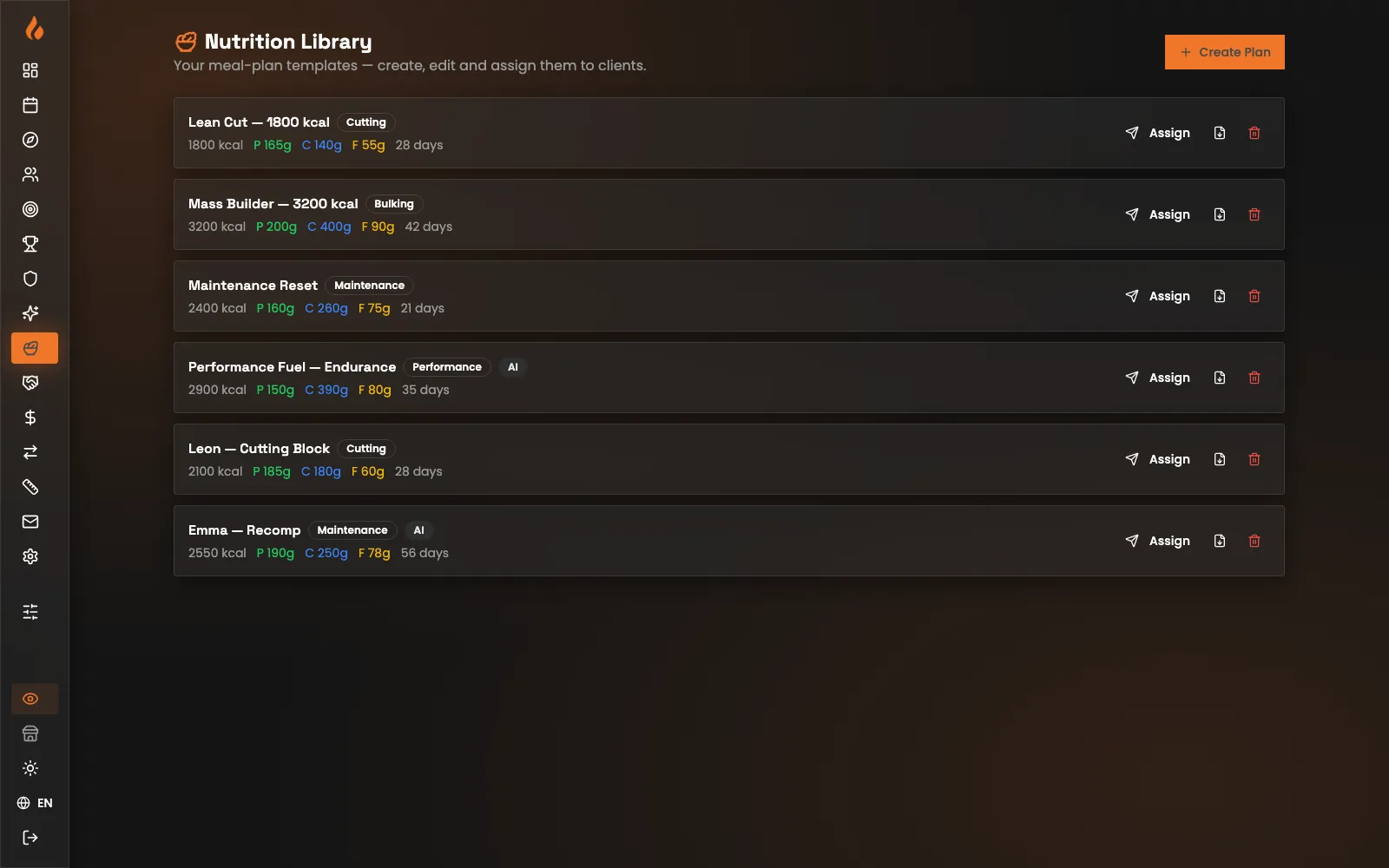The nutrition library: meal-plan templates with calories and macros, ready to assign to a client